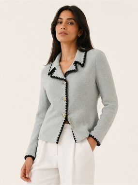 Vintage St John Santana Knit Jacket Blue Navy Trim Size 10